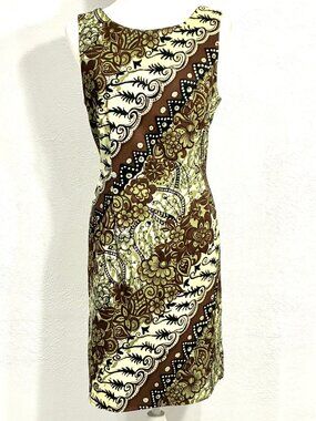 Sleeveless Sheath Dress with Stretch, Greens/Brown, Size12, Back Zip, Connected